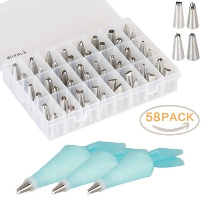 Qozary Frosting Bags and Tips, Cupcake Decorating Kit with 52 Stainless Steel Cake Decorating Tips, 3 Reusable Silicone Pastry Bags and 3 Couplers Baking Supplies Set